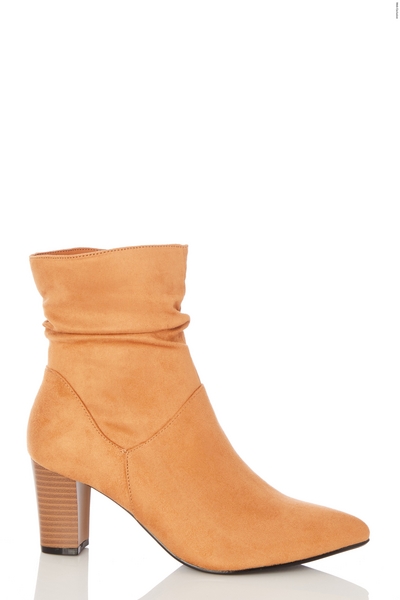 Tan Faux Suede Ruched Ankle Boots